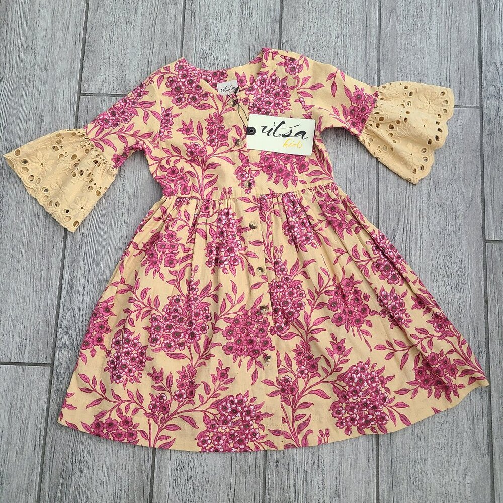 Utsa Kids Yellow Pink Floral Eyelet Bell Sleeve Dress 2Y NWT